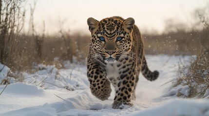 Obraz premium Majestic Leopard Running in Snowy Wilderness at Dawn, Capturing Wildlife Beauty, Leopard in Winter, Big Cat in Nature, Wildlife Photography, Animal in Motion