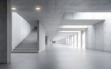 Modern concrete hallway with stairs and natural light.