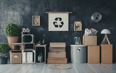 Room interior with cardboard boxes, recycling symbol, and plants, depicting eco-friendly moving or storage.
