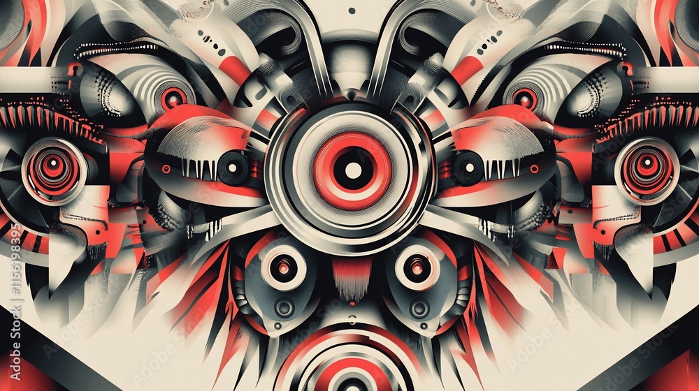 Poster Abstract symmetrical artwork featuring red and grey metallic mechanical components, resembling a stylized machine or robot.