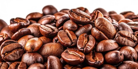 Macro Coffee Beans: Dark Brown Roasted Coffee Texture, Top View, White Background, Coffee Wallpaper
