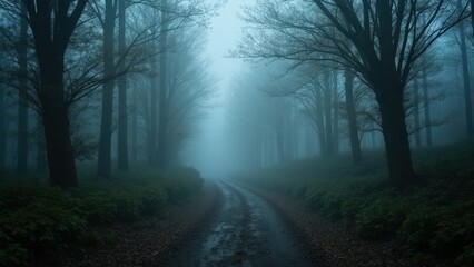 Obraz premium Mystical Foggy Forest Road
