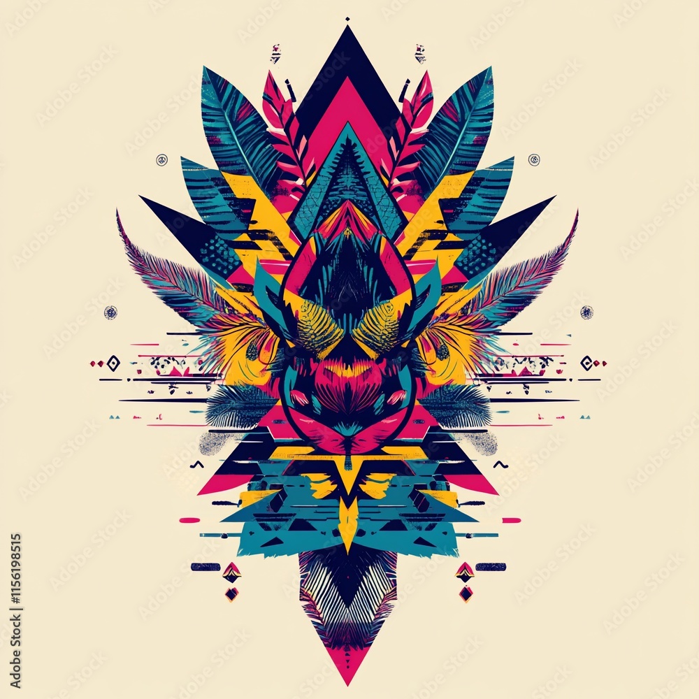 Poster vibrant geometric floral design with symmetrical feathers and leaf patterns in bold colors.