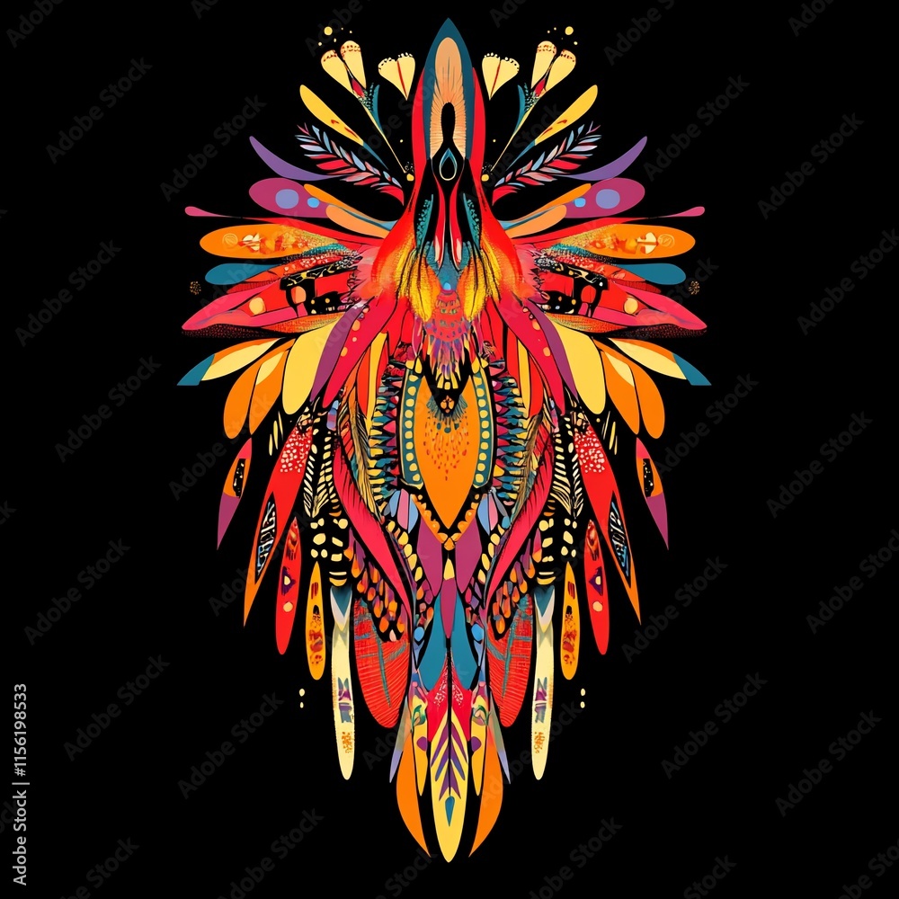 Poster colorful symmetrical abstract bird design on black background.