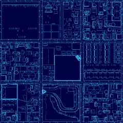 Blue image of a city street with a large square in the middle. The square is surrounded by buildings and has a park in the middle