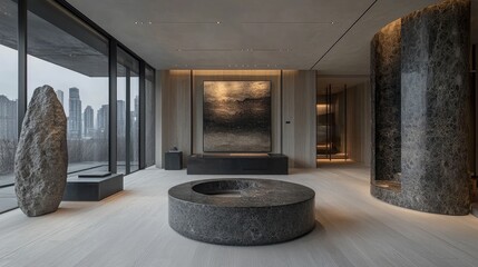 Chic Minimalist Home Interior: Modern Living Room with Stylish Cabinet and Stone Sculpture