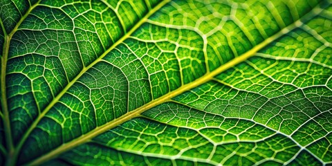 Fototapeta premium Macro Photography: Vibrant Green Leaf Close Up, Nature Background, Detailed Texture, Lush Foliage, Plant Leaf