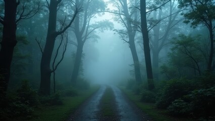 Obraz premium Mystical Forest Road: Ethereal Fog and Dark Trees