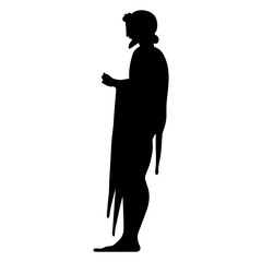 Standing Ancient Greek man in profile. Black silhouette on white background.