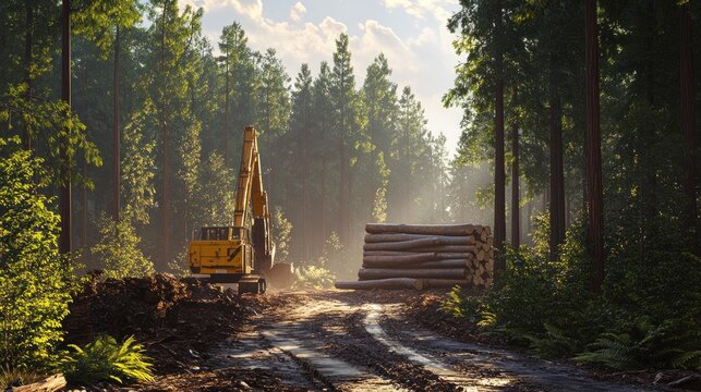 A serene forest with selective logging activity, a crane lifting large logs,