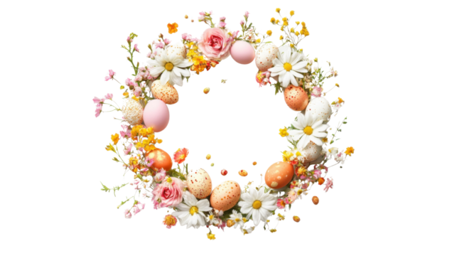 Easter wreath made of flowers and eggs, transparent background