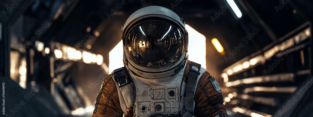 Poster Astronaut in a dark spaceship, illuminated by warm light.