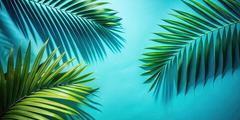 Obraz premium Minimalist Summer Flatlay: Tropical Palm Leaves Shadow Photography, Blue Background, Text Space
