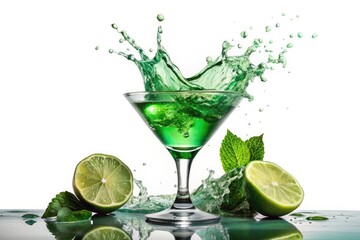 Mint Green Cocktail Silhouette, Splashing Lime, White Background -  Silhouette Photography, Drink Photography, Cocktail Image