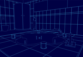 Blue room with a bathtub and a toilet. The room is empty and has a modern design