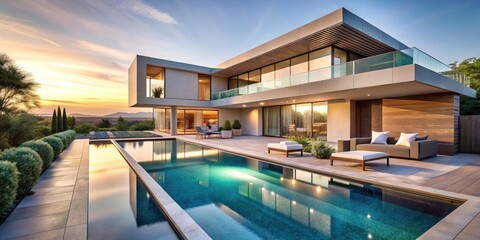 Fototapeta premium Modern Minimalist Luxury Home Pool Patio Design - Architectural Photography
