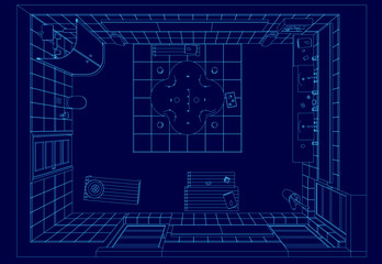 Blue drawing of a bathroom with a sink, toilet, and bathtub. The room is shown in a 3D perspective, with a kitchen area visible in the background. The bathroom is designed to be modern