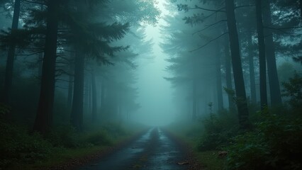 Obraz premium Mystical Forest Road: Ethereal Fog and Dark Pines