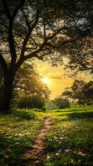 Naklejka premium Sunset Path Through Lush Green Forest. Tranquil Nature Scene.