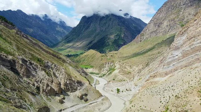 An aerial view of beautiful himalayan mountains and chenab river at tandi piukar leh manali highway lahaul himachal pradesh, India.