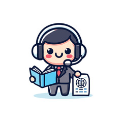 cartoon of a translator with a book and headphone