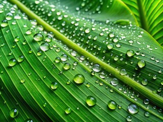 Panoramic Green Banana Leaf Water Droplets Rain Photography - Lush Tropical Nature Image