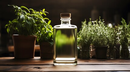 Minimalist Glass Bottle with White Label & Herbs – Ideal for Branding & Organic Product Designs
