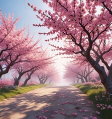 Fototapeta premium Colorful botanical illustration of blooming cherry blossom trees , nature, seasons change