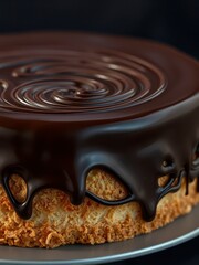 A rich, gooey chocolate glaze coats the surface of a moist and fluffy sponge cake , cake, sweet,