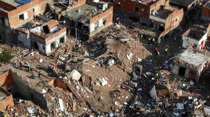 Aerial view of a devastated area with collapsed buildings and debris scattered throughout, highlighting the impact of destruction.