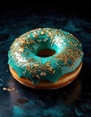 Against a textured dark backdrop, a lavish donut gleams with intricate gold floral details atop a striking blue glaze.