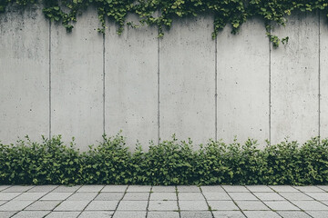 Outdoor setting with concrete wall, hedge, and stone path