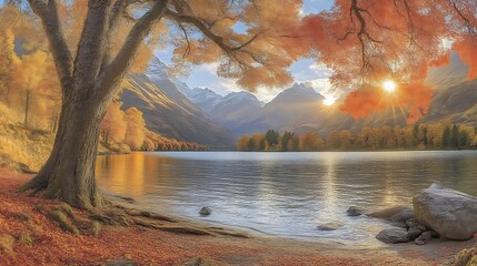 Autumnal Lake Scene Mountain Sunrise Landscape