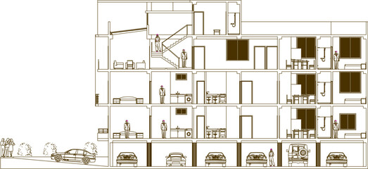 Vector sketch illustration silhouette of architectural engineering design drawing of The Luxury Apartment Building Project