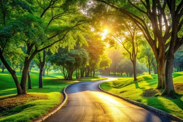 Scenic Park Road: Picturesque Pathway, Nature Trail, Summer Landscape, Green Trees, Winding Road, Countryside Drive, Sunlight, Asphalt Road, Rural Scene, Beautiful Scenery, Peaceful Nature