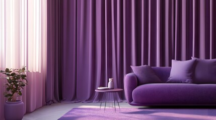 Interior Design: Purple Sofa, Curtains, and Accessories