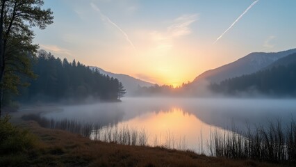 Fototapeta premium Misty Sunrise Serenity: Golden Hour at a Mountain Lake