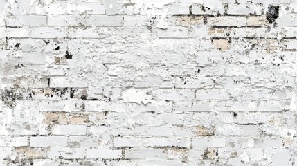 Fototapeta premium Texture of a weathered white brick wall showcasing peeling paint and rough patches, creating an intriguing backdrop for various design applications and artistic projects.