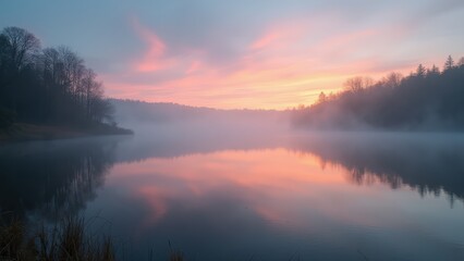 Fototapeta premium Misty Sunrise Serenity: A Tranquil Autumn Lake Reflection