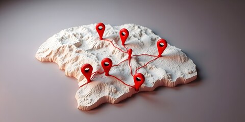 3d map with red location pins and network lines illustrating gis mapping and spatial data connections, background, wallpaper 