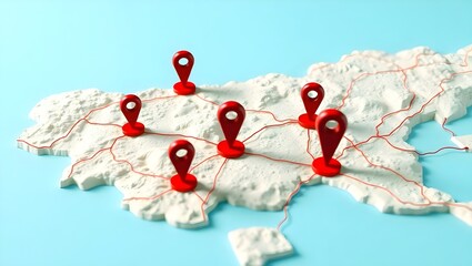 3d map with red location pins and network lines illustrating gis mapping and spatial data connections, background, wallpaper 