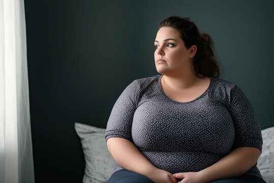 Pensive sad overweight obese woman sitting at her bedroom looking away very worried