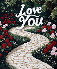 Romantic illustration of a winding garden path lined with blooming red and white roses and 'Love You' text