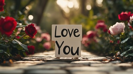 Romantic close-up of 'Love You' sign among blooming red and white roses