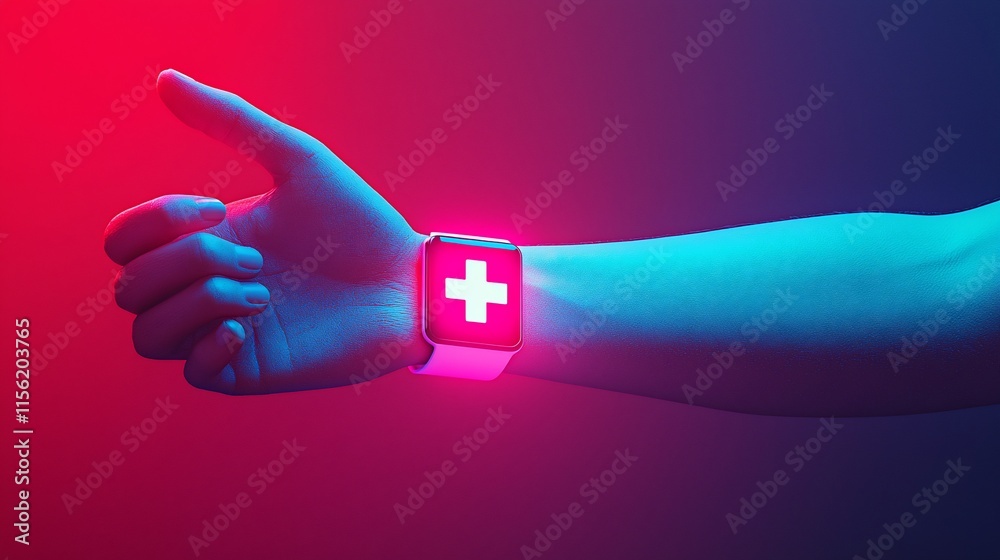 Poster smartwatch displaying a medical cross symbol on a wrist.