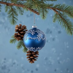 Ornament with blue background, hanging from a branch with snowflakes and pinecones,  winter,  conifer