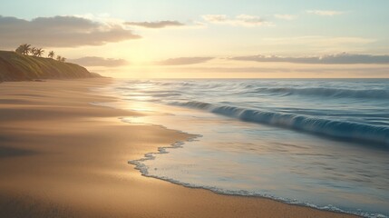 Fototapeta premium Sunrise on a tranquil beach with gentle waves.