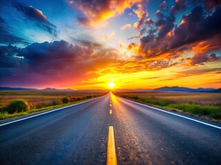 Naklejka premium Tilt-Shift Sunrise Highway Photography: Empty Asphalt Road, Golden Hour, Miniature Effect