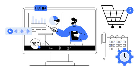 Man presenting data on a screen, shopping cart, calendar with pen, and settings gear beside monitor. Ideal for business, webinars, e-commerce, planning technology education productivity. Line