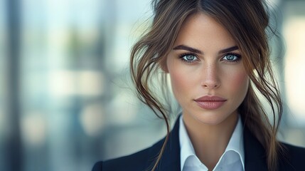 Obraz premium Close-up portrait of a young woman with blue eyes and brown hair styled in a half-updo, wearing a black blazer and white shirt.